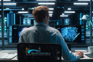 CFO using computer, showing AI on monitors